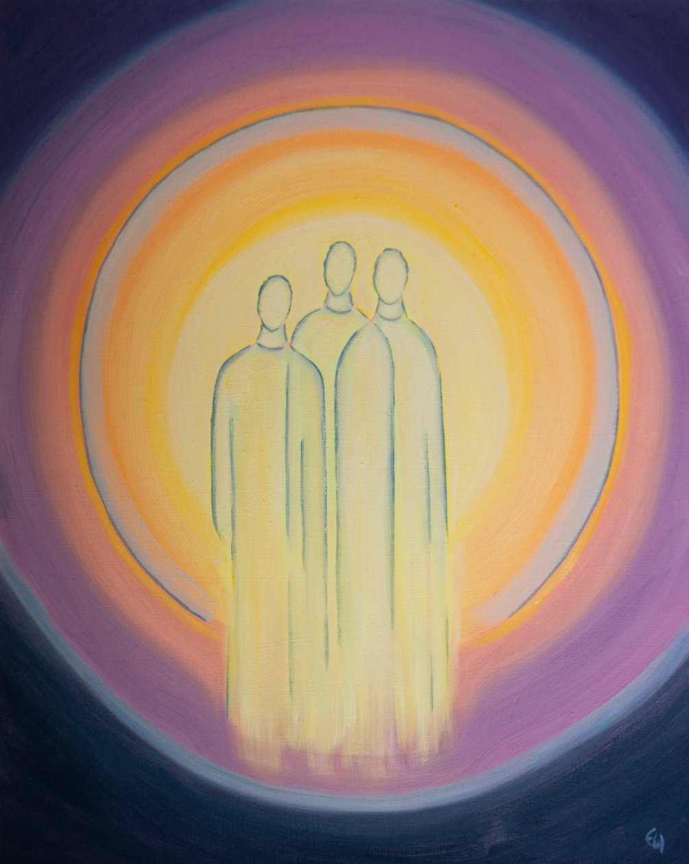 Den hellige treenighed, én gud, tre personer, lever i den kristnes sjæl i blændende pragt, 2002 (olie om bord) af Elizabeth Wang