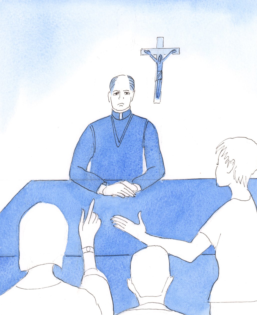 Herren beder biskopperne om at se tilbage på deres liv. Har de nogensinde undladt at tale om moral, for eksempel af frygt for at gøre folk kede af det eller jage dem væk 2005 (akvarel på papir) af Elizabeth Wang