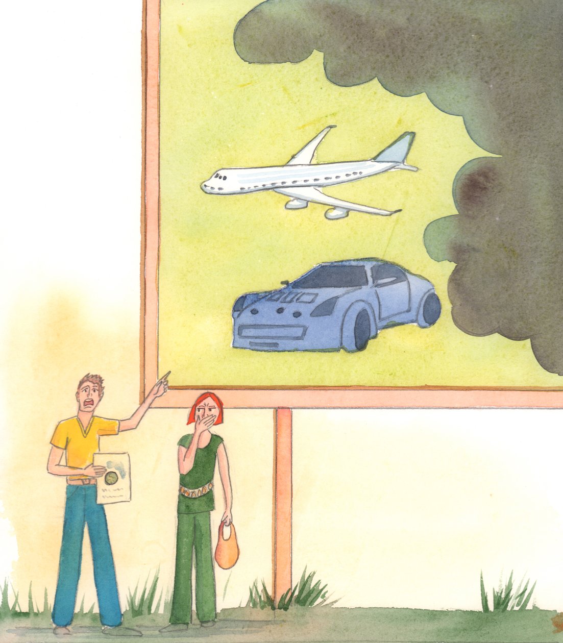 Herren viste mig folk, der råbte ud i angst og alarmering om CO2-fodspor og bekymrede sig om deres jordiske liv, 2004 (w/c på papir) af Elizabeth Wang