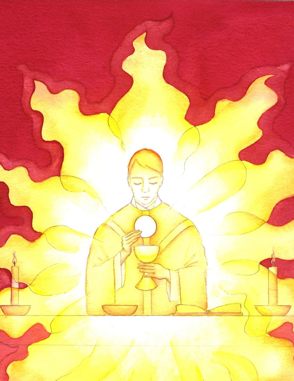 Jesu tilstedeværelse i eukaristien er som en flammende ild af herlighed, 2001 (w/c på papir) af Elizabeth Wang