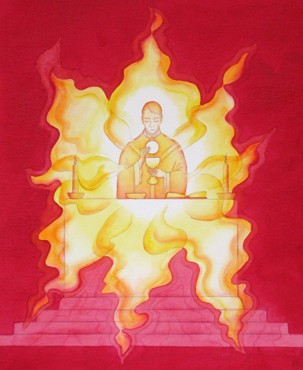 Jesu tilstedeværelse i eukaristien er som en flammende ild af herlighed, 2001 (w/c på papir) af Elizabeth Wang