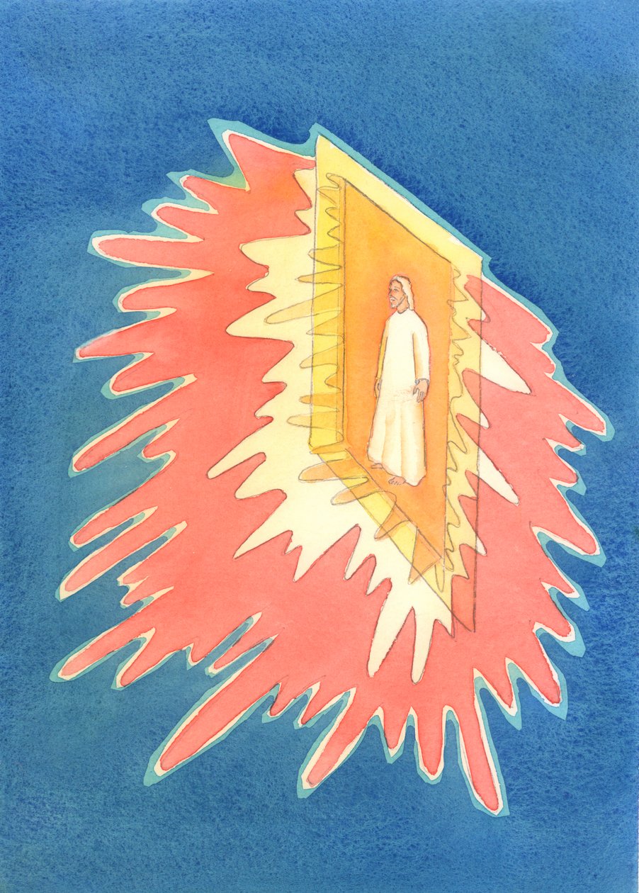 Kirkens sakramenter er som en åben døråbning, hvorigennem alle Guds nåder udgydes, som vi har brug for til hellighed og frelse, og gennem hvilke vi møder Kristus., 2003 (w/c på papir) af Elizabeth Wang