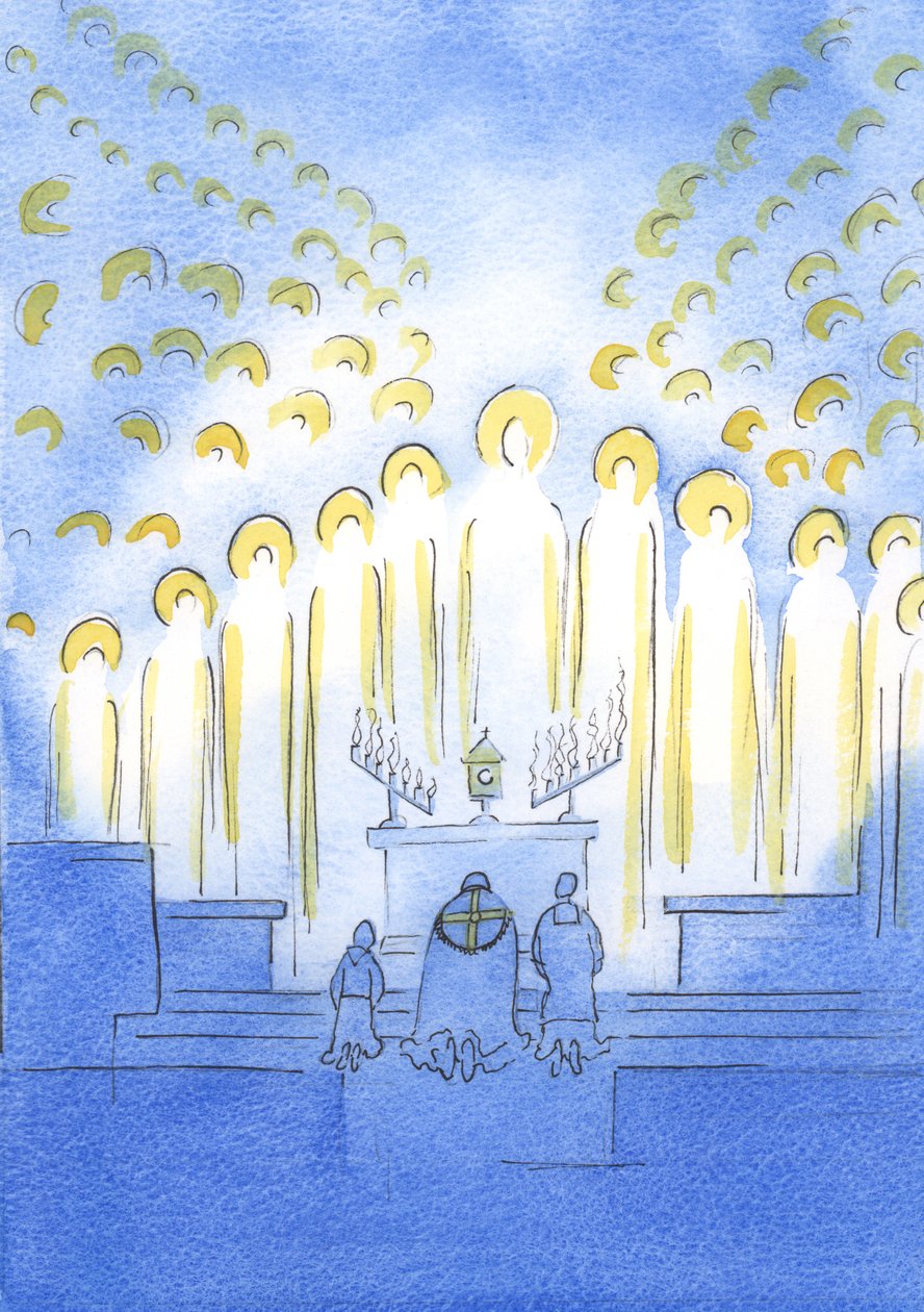 De hellige er samlet her med Kristus ved udstillingen, alle strålende af glæde over hans kærlighed og vores hengivenhed, 2003 (w/c på papir) af Elizabeth Wang