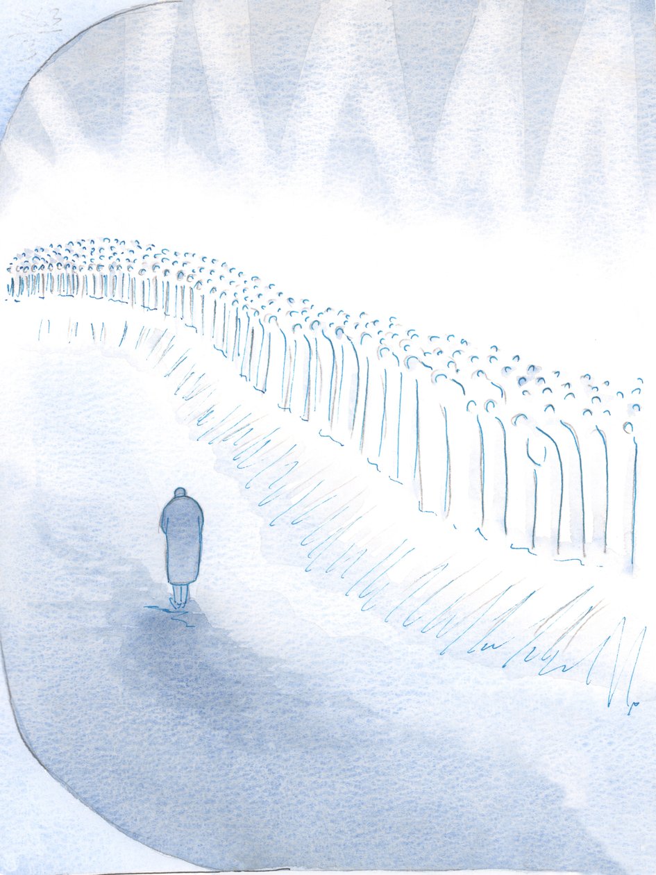 De hellige i himlen ærer dem, der - selv om de er ufuldkomne - lever for Kristus på jorden., 2000 (w/c på papir) af Elizabeth Wang