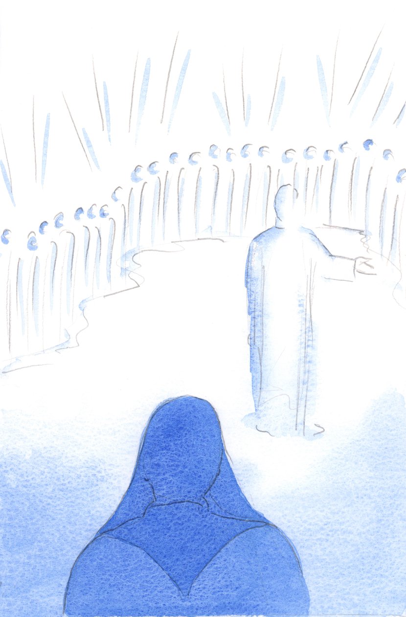 Himlens hellige fryder sig over vores kærlighed til Kristus og over vores gode handlinger, fordi al glæde i himlen er delt, 2002 (w/c på papir) af Elizabeth Wang
