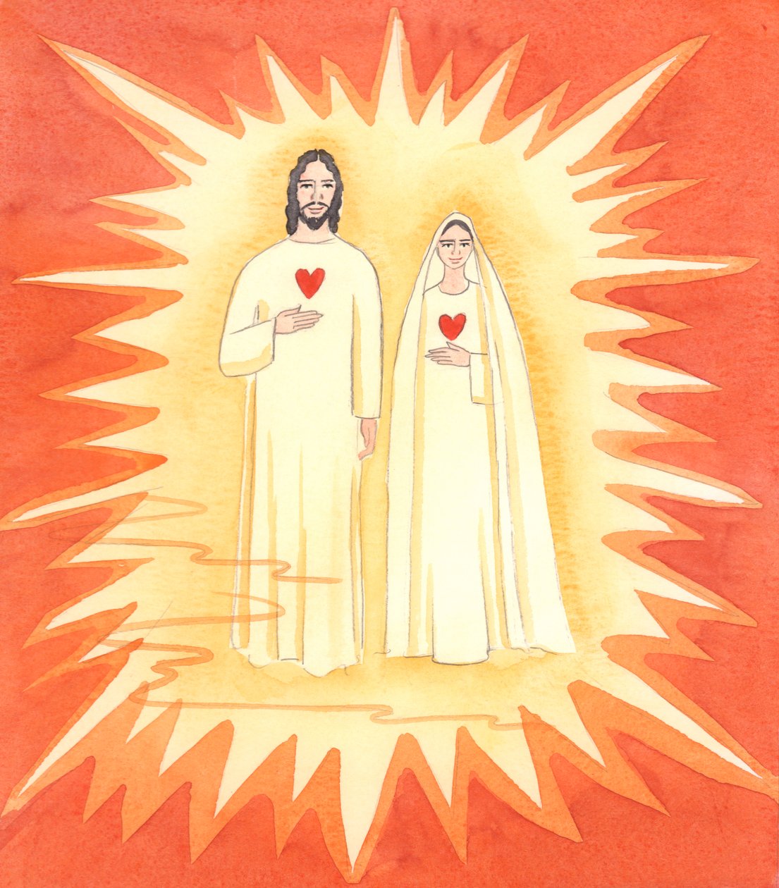 De to hellige hjerter: Jeg blev vist den syndfrie Kristus og hans ubesmittede moder i himlens strålende lys, 2003 (w/c på papir) af Elizabeth Wang