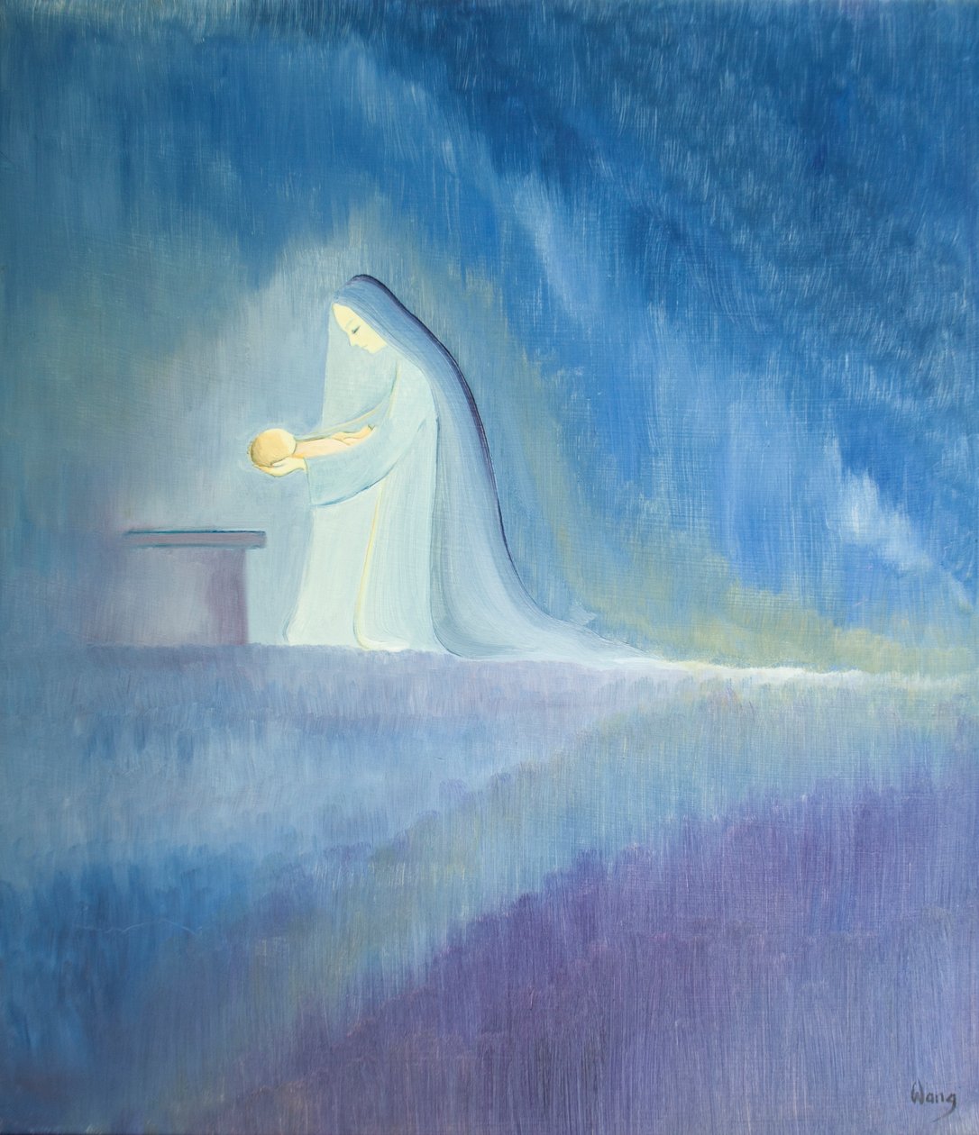 Jomfru Maria tog sig af sit barn Jesus med enkelhed og glæde, 2001 (olie om bord) af Elizabeth Wang