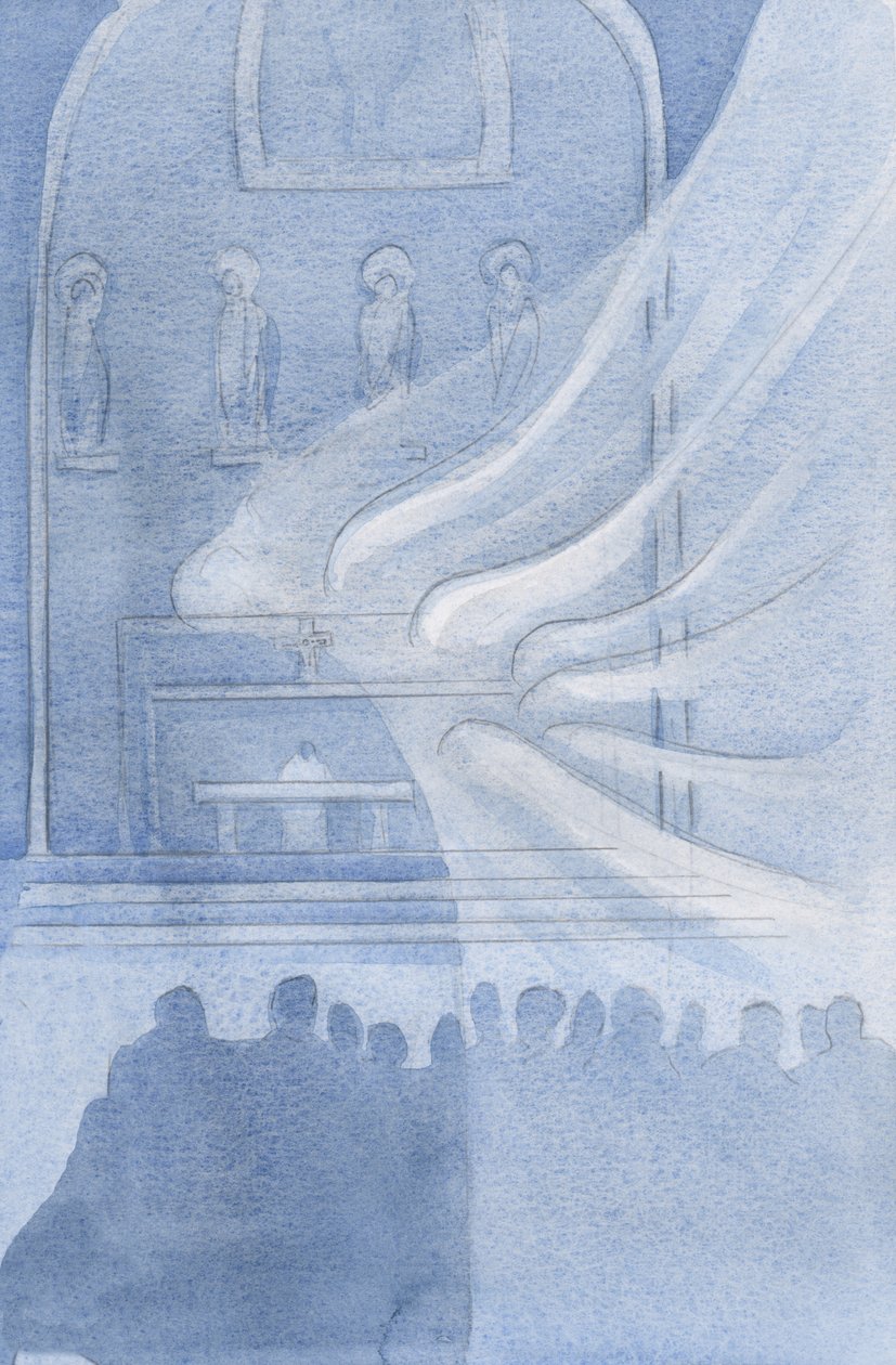 Englene tilbeder Kristus i den hellige eukaristi, 2001 (w/c på papir) af Elizabeth Wang