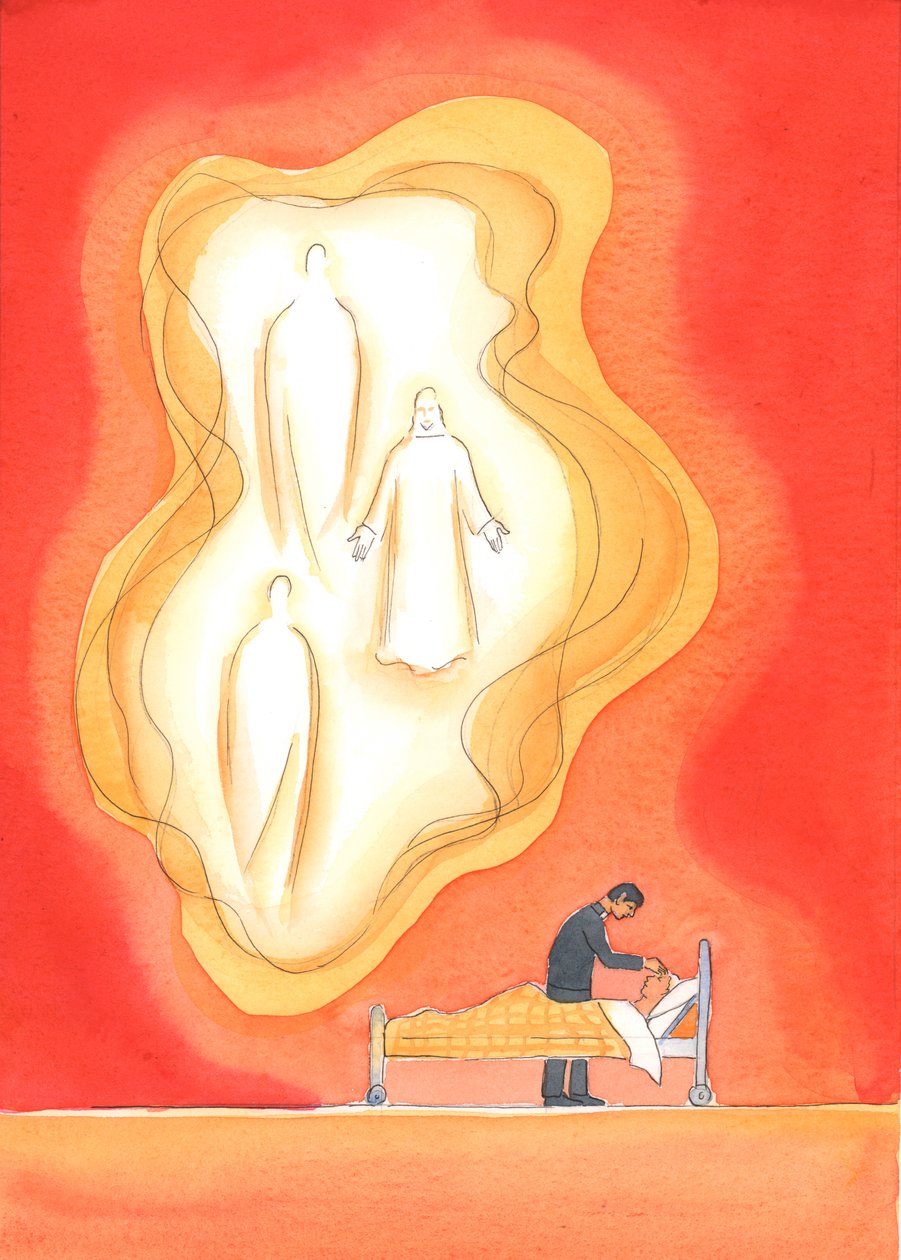 De velsignelser, der gives i de syges sakramente, er gaver fra den hellige treenighed, som bringer en fornyet del i den hellige treenigheds liv, med tilgivelse, fred og mange andre gaver., 2004 (w/c) af Elizabeth Wang