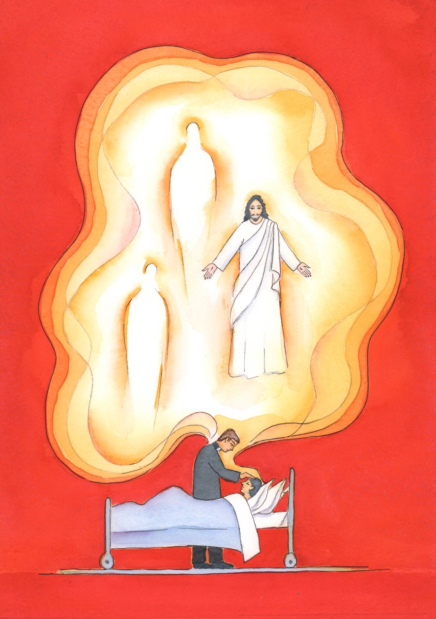 De velsignelser, der gives i de syges sakramente, er gaver fra den hellige treenighed, som bringer en fornyet del i den hellige treenigheds liv, med tilgivelse, fred og mange andre gaver., 2004 (w/c) af Elizabeth Wang