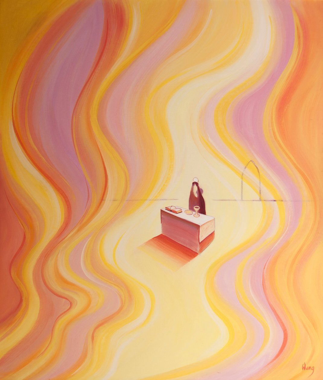 Kristi herlighed i messen er som en ild, der lyser op i helligdommen, 2001 (olie om bord) af Elizabeth Wang