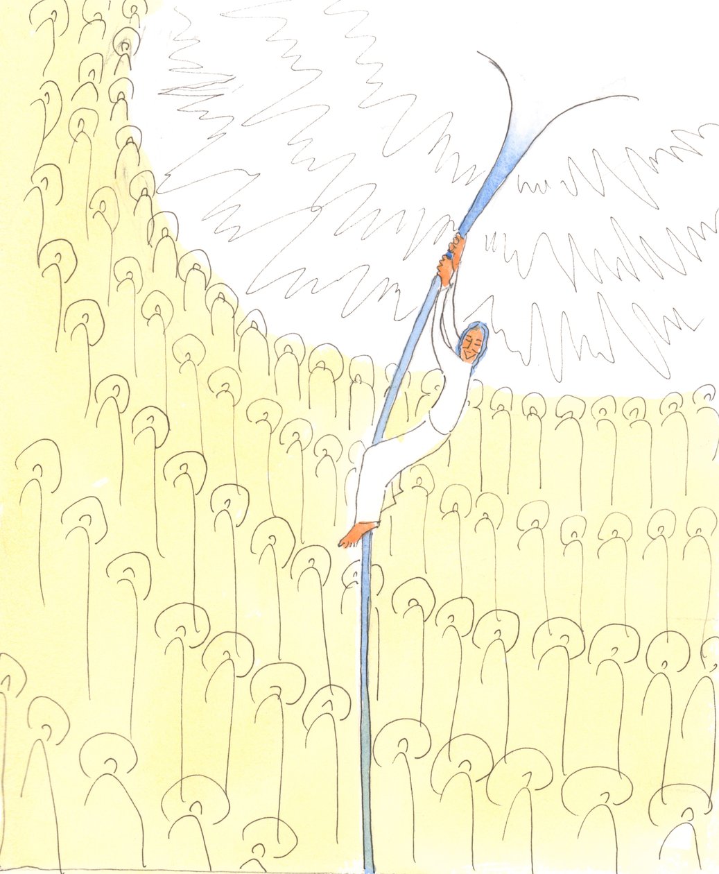Guds liv er så fantastisk og herligt, at selv de hellige i himlen, som stirrer på Gud i undren, ikke helt forstår den hellige treenighed, 2004 (w/c på papir) af Elizabeth Wang