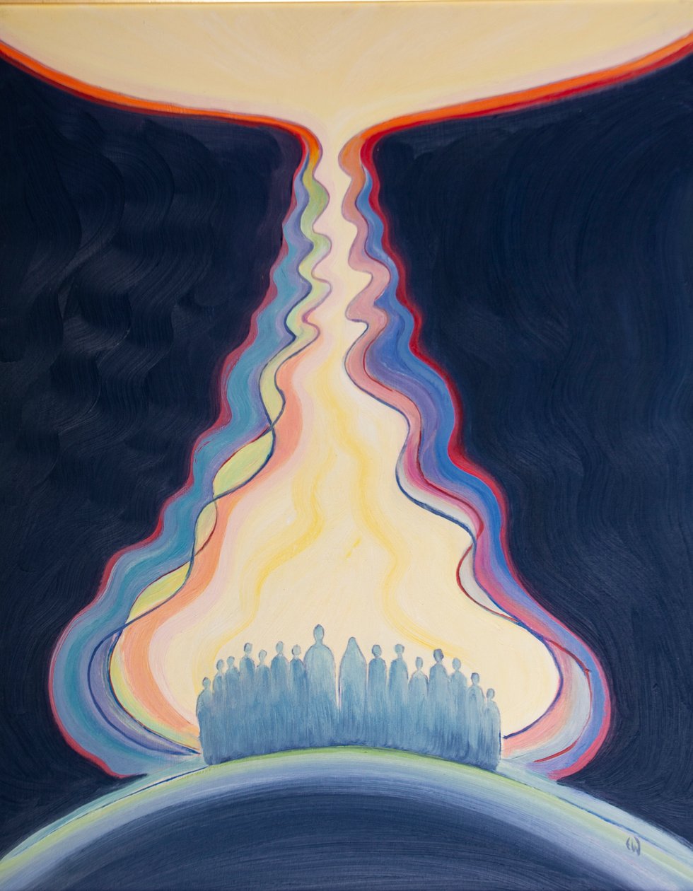 Kirkens bøn, bedt gennem Jesus og med Maria, er som en navlestreng, der forbinder os med himlen, 2001 (olie om bord) af Elizabeth Wang