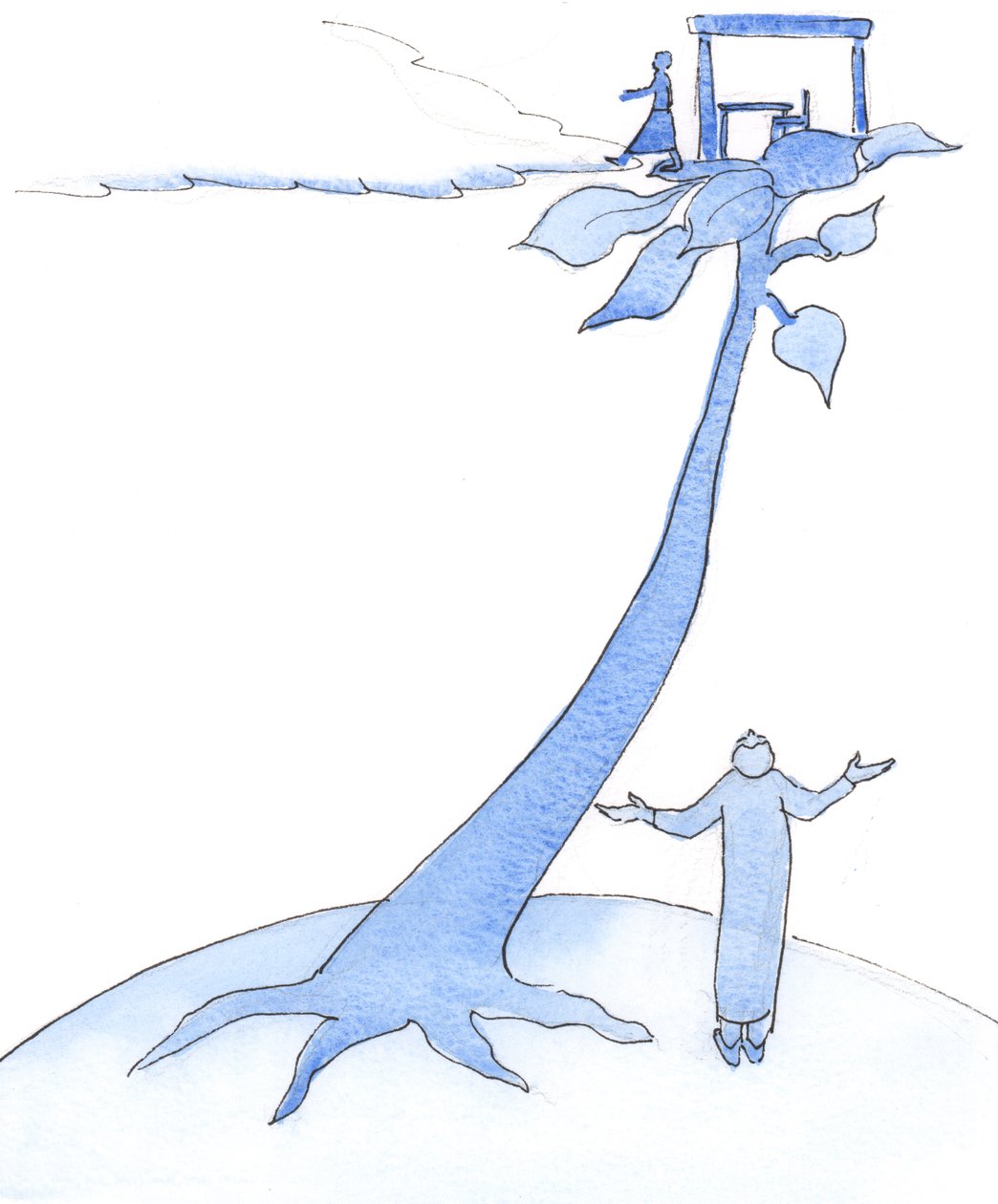 Frøet til vores dåb er beregnet til at vokse til en mægtig plante og tage os til højderne af det åndelige liv, så det ved livets afslutning kun er et kort skridt til Himlen., 2003 (w/c på papir) af Elizabeth Wang