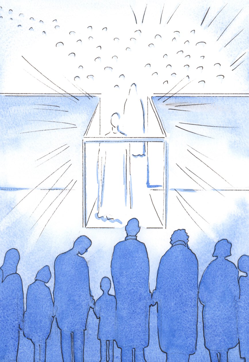 Tabernaklet er som en gang til Himlen, hvor vi kan møde Kristus og hans hellige og forberede os til Himlen ved livets afslutning, 2002 (w/c på papir) af Elizabeth Wang