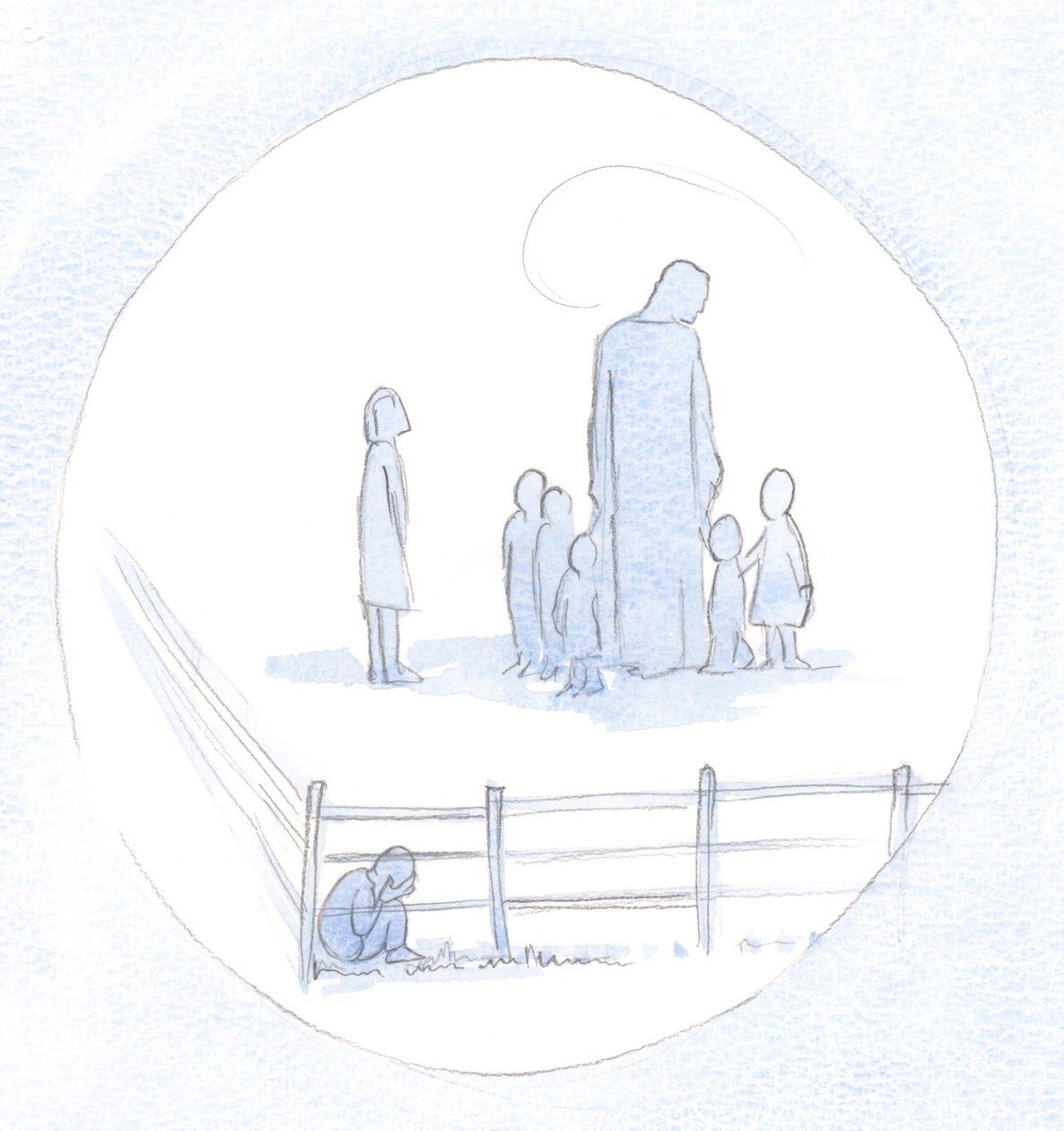 Det grådfulde barn, der blev i et hjørne, manglede ikke blot selvtillid, men manglede tillid; det var selvoptaget; og sådan er det med os i det åndelige liv, hvis vi er selvcentrerede., 2000 (w/c på papir) af Elizabeth Wang