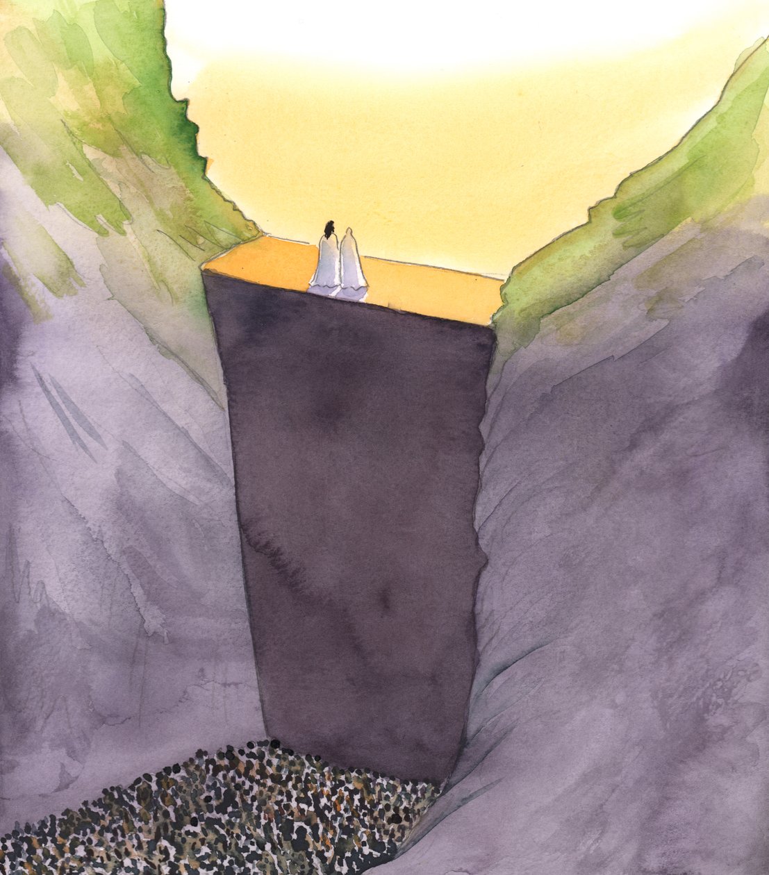 Syndens mur, som adskiller os fra Gud, skaleres kun af Kristus, som står sammen med sin mor. Han alene kan hjælpe os med at nå himlens herlighed, 2002 (w/c på papir) af Elizabeth Wang