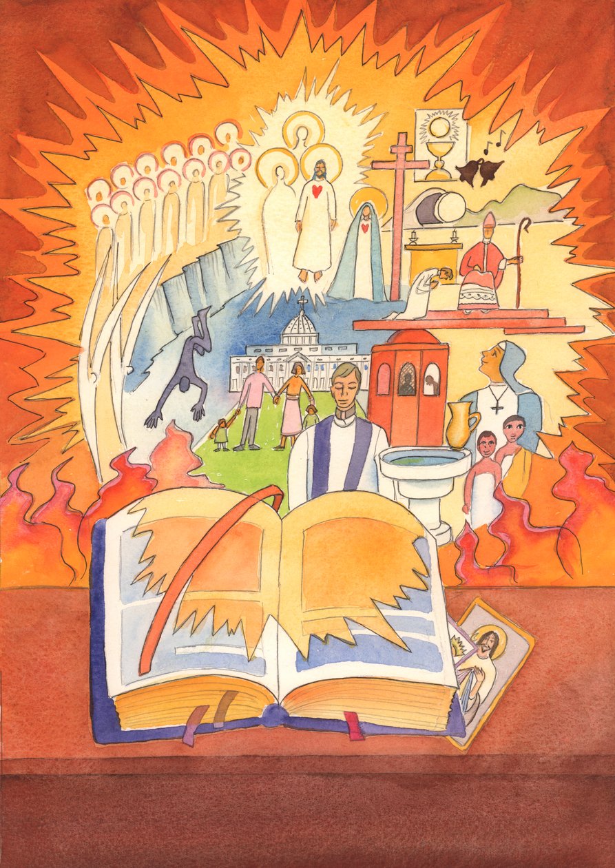 Hele den katolske tro er indeholdt i Missalet og fejret i Liturgien, 2003 (w/c på papir) af Elizabeth Wang