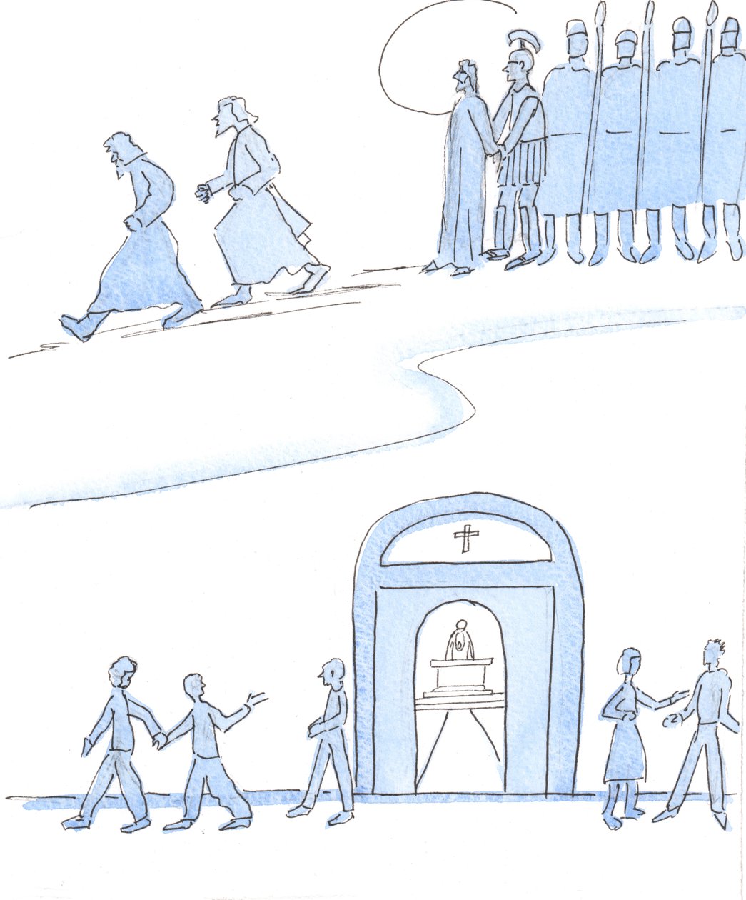 De Kristi venner i dag, som ikke gider gå til messe, opfører sig som Kristi venner for længe siden, der stak af, da Kristus blev arresteret og korsfæstet., 2004 (w/c på papir) af Elizabeth Wang