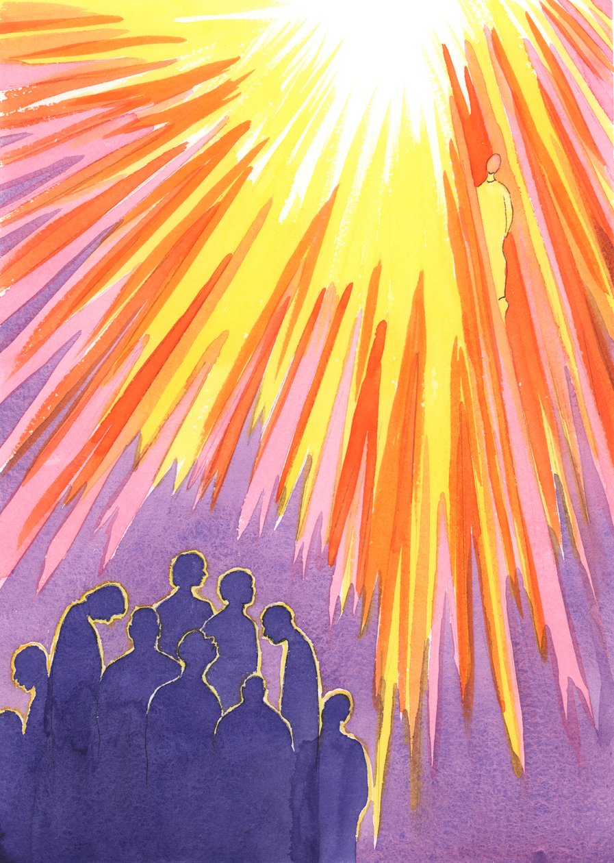 De, der nægter at omvende sig fra alvorlig synd og dø, kan ikke komme ind i himlen; men de hellige sjæle, som er åbne for Kristi barmhjertighed, kommer ind i himlen, når de er blevet renset., 2001 (w/c på papir) af Elizabeth Wang
