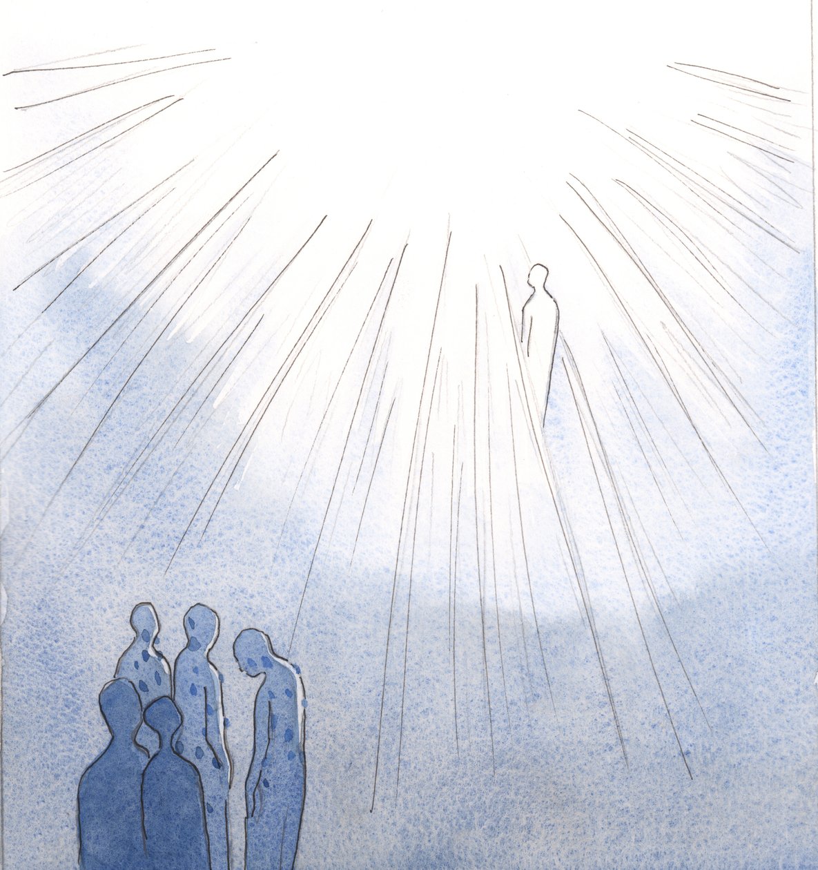 De, der nægter at omvende sig fra alvorlig synd og dø, kan ikke komme ind i himlen; men de hellige sjæle, som er åbne for Kristi barmhjertighed, kommer ind i himlen, når de er blevet renset., 2001 (w/c på papir) af Elizabeth Wang