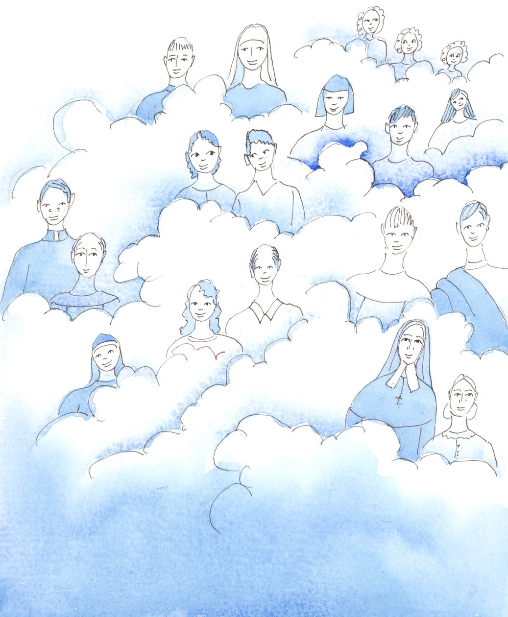 Selv om vi ved, at de hellige ikke sidder på skyerne, som vist på gamle billeder, er sandheden, der vises gennem disse billeder, stadig den samme, 2005 (akvarel på papir) af Elizabeth Wang