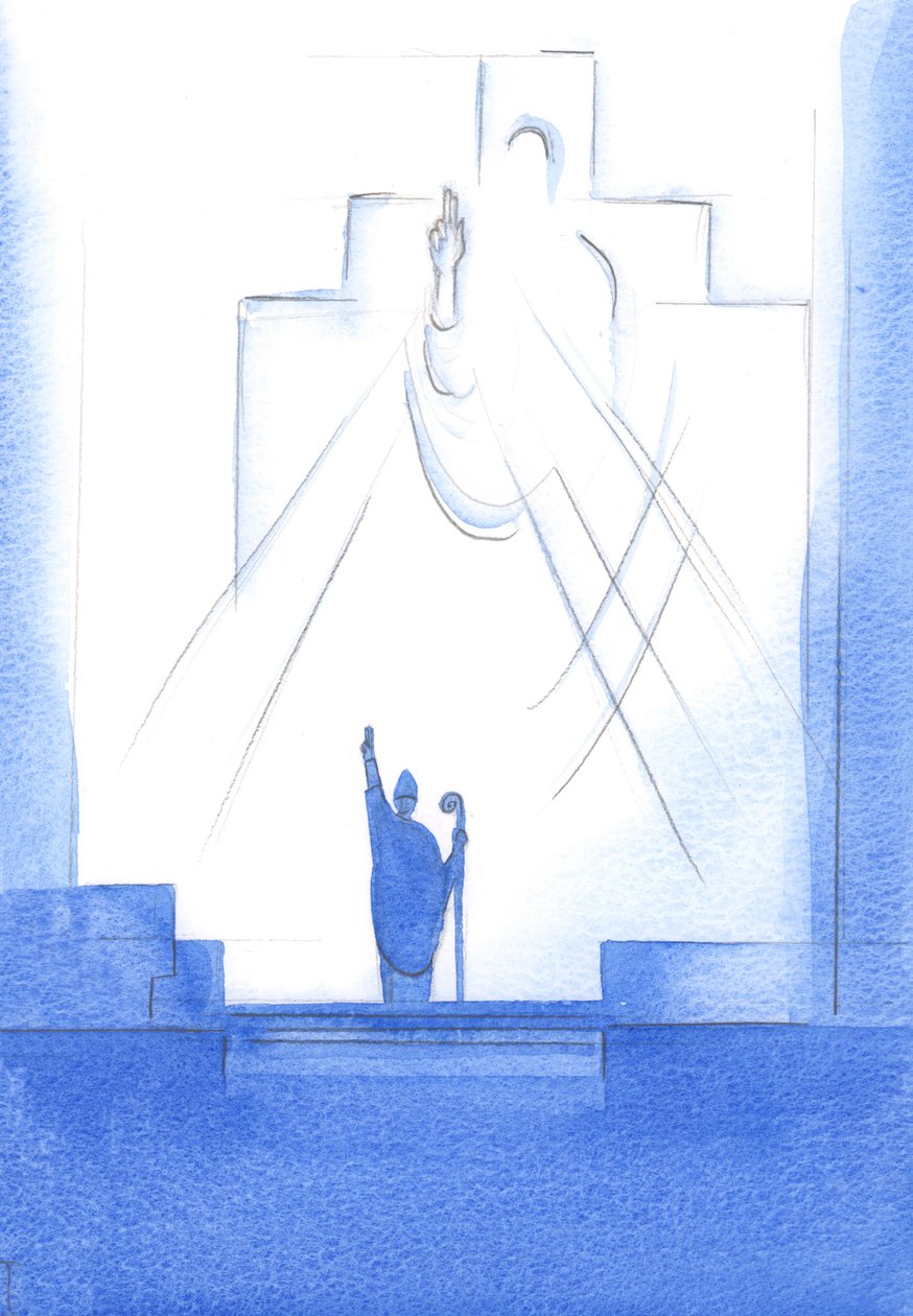 Gennem hver biskop, der er i fællesskab med paven, helliggør, underviser og vejleder Gud Fader os, 2002 (w/c på papir) af Elizabeth Wang