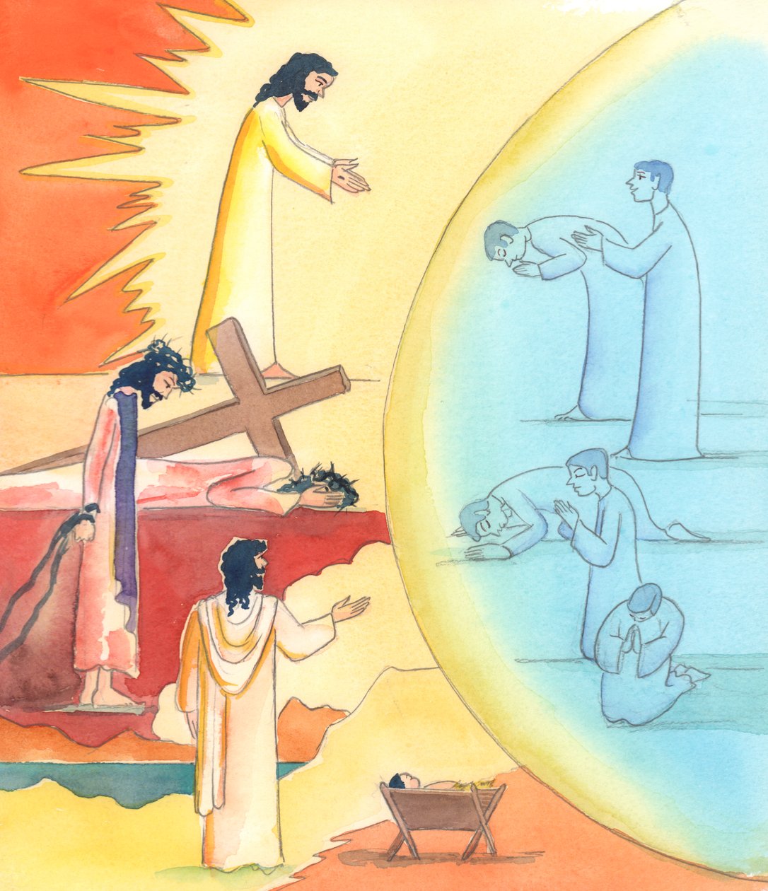 Gennem bøn, især gennem kirkens liturgiske bønnecyklus, kan vi gå ind i mysterierne i Kristi jordiske liv, 2005 (akvarel på papir). af Elizabeth Wang