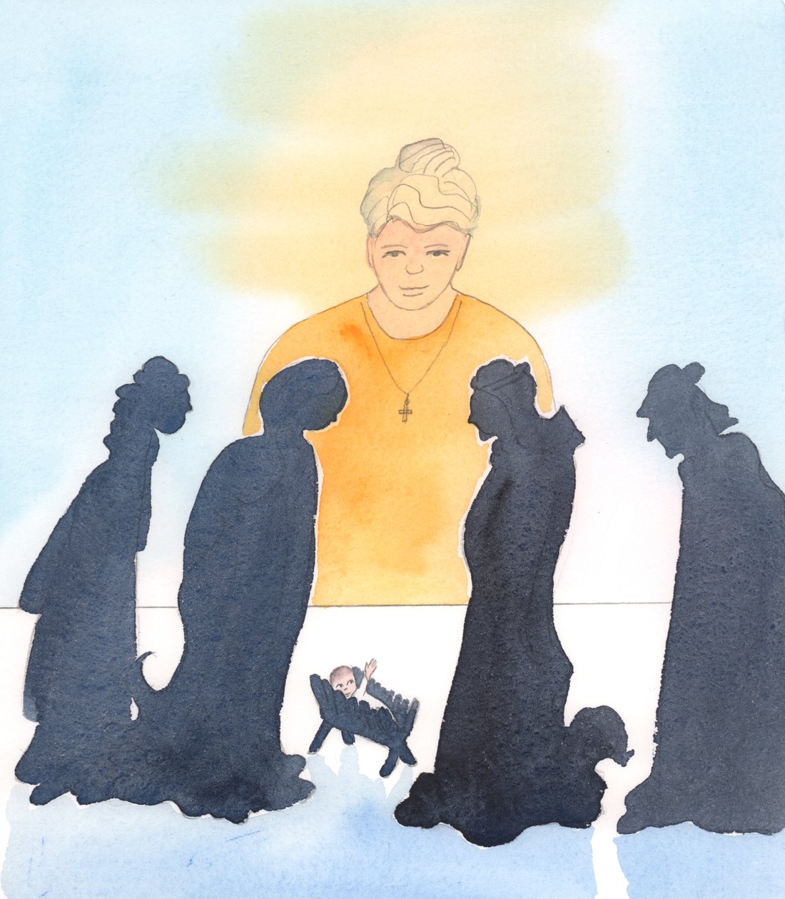Vi har ret til at fejre Jesu Kristi fødsel og nyde krybbespil og andre traditioner; men frem for alt skal vi hjælpe de nødlidende til ære for ham, der kom for at hjælpe os i vores nød, da vi var fanget i vores synder, 2004 (akvarel på papir). af Elizabeth Wang