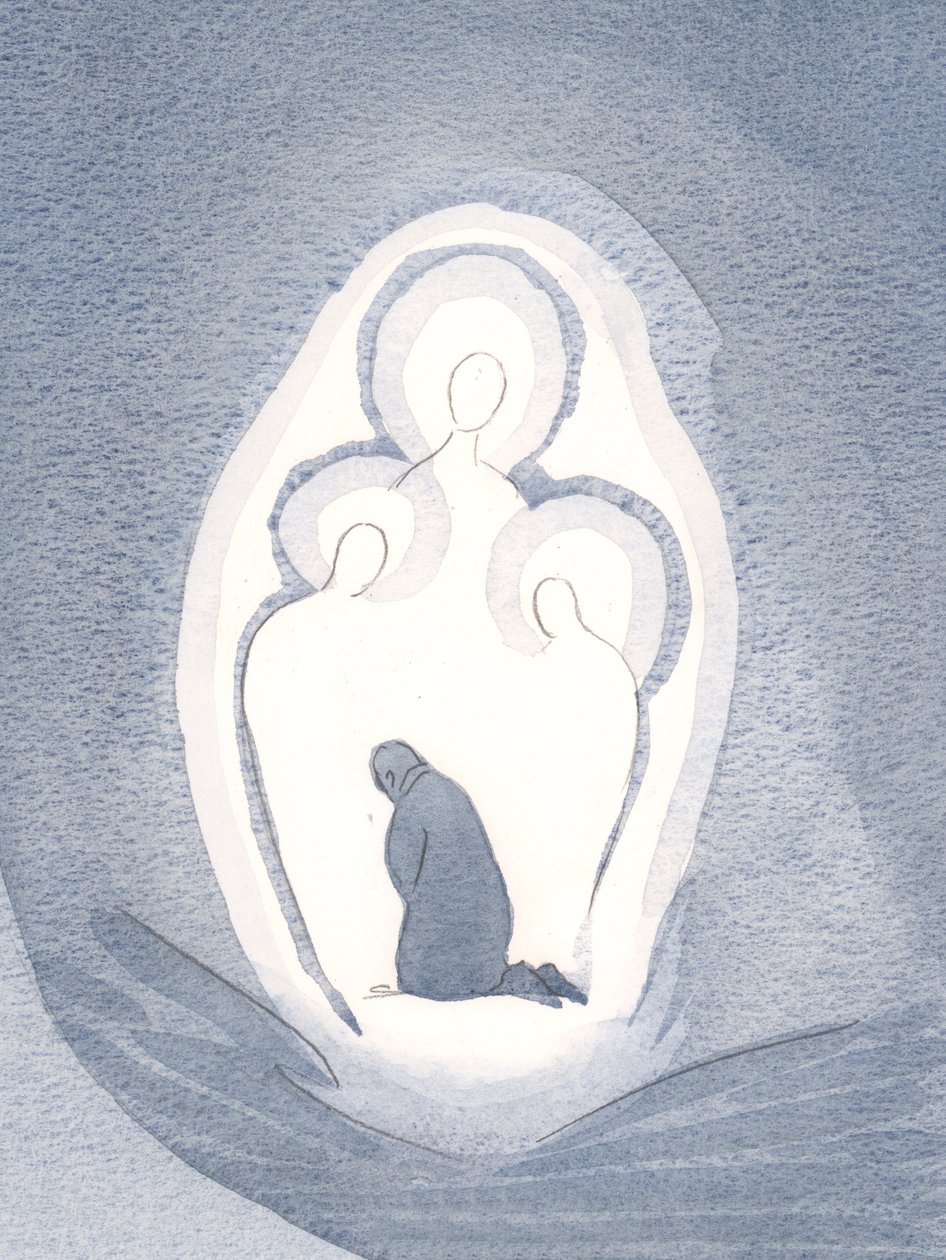Vi elsker og tilbeder de tre guddommelige personer i vores sjæle, når vi lever i en tilstand af nåde, 2000 (w/c på papir) af Elizabeth Wang