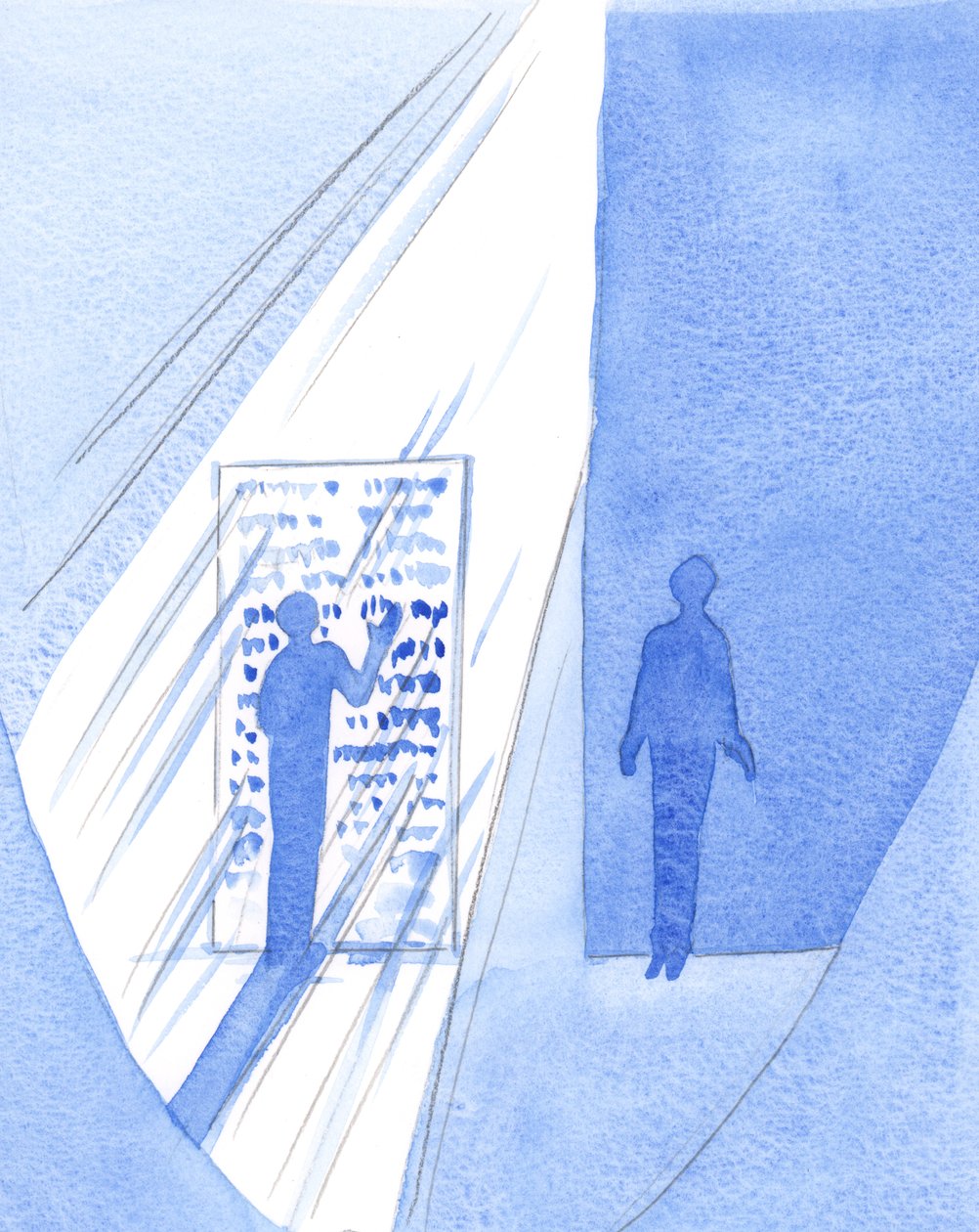 Vi ser den hellige skrift som trykte ord på papir, men alligevel strømmer Guds lys og visdom gennem teksten over dem, der vil nærme sig dem, mens andre vælger at stå i mørket, 2001 (w/c on pap) af Elizabeth Wang