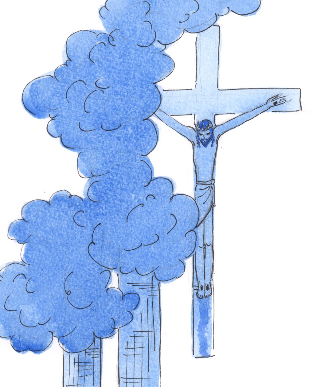 Da Kristus hang på korset i pine, var han opmærksom på alle menneskelige tragedier fra begyndelsen til livets slutning - inklusive lidelserne fra dem den 9/11, 2003 (w/c på papir) af Elizabeth Wang