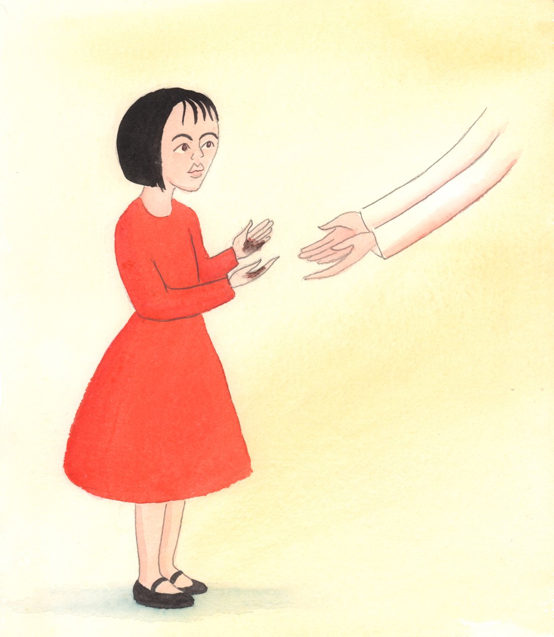 Når Gud tilgiver vores synder, er han lige så øm som en mor, der nærmer sig sit elskede barn og siger: "Lige meget om det, jeg skal snart vaske de mærker af dine hænder", 2000 (w/c på papir) af Elizabeth Wang