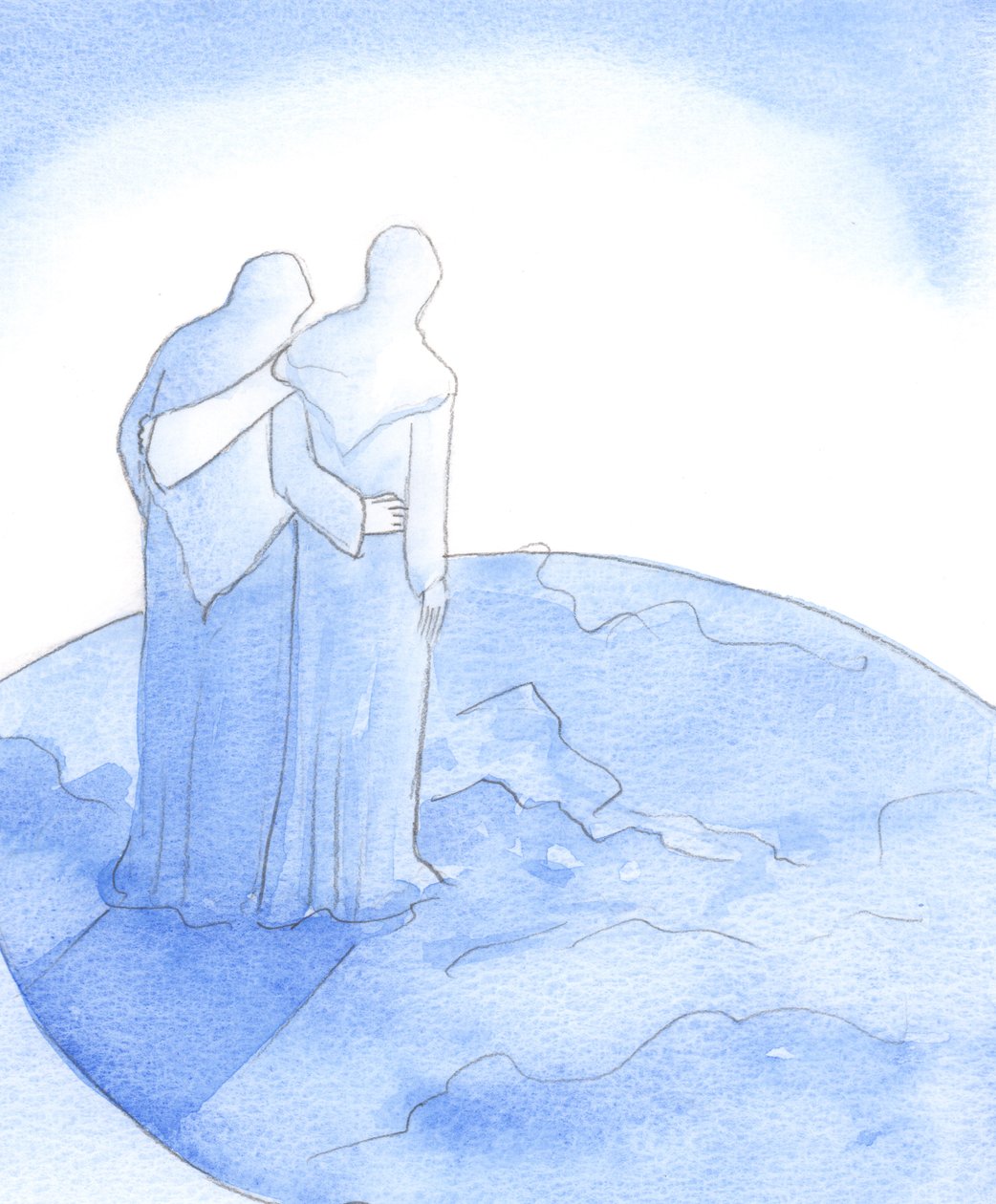 Da Vor Frue hilste på Elizabeth ved visitationen, priste de Gud for hans kærlighed. Vor Frue havde hele verden i tankerne, som hendes søn ønskede at hjælpe, 2002 (w/c på papir) af Elizabeth Wang