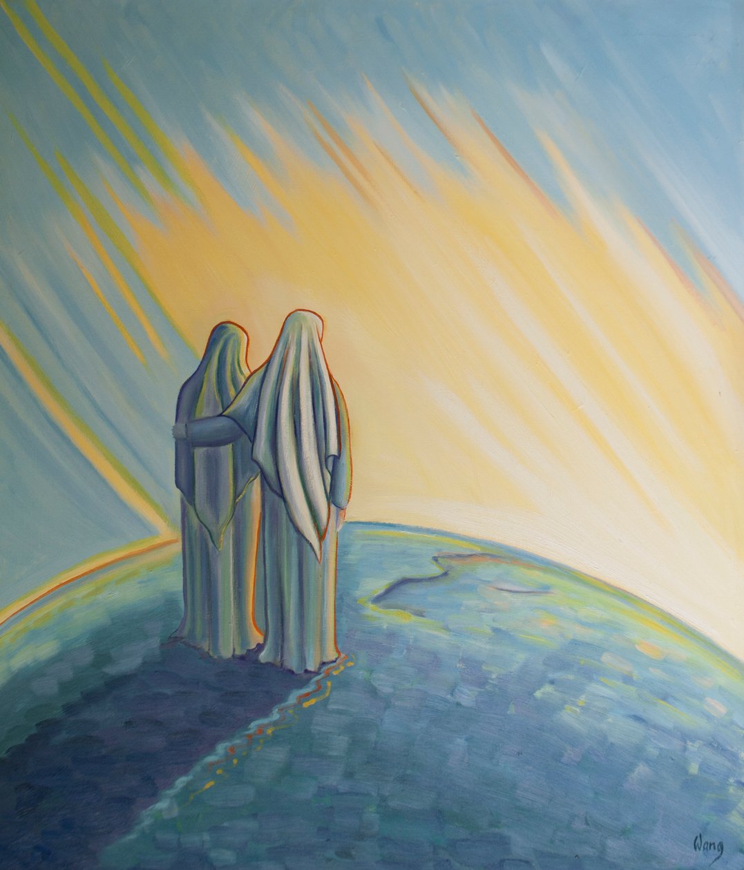 Da Vor Frue hilste på Elizabeth ved visitationen, priste de Gud for hans kærlighed. Vor Frue havde hele verden i tankerne, som hendes søn ønskede at hjælpe, 2002 (olie om bord) af Elizabeth Wang
