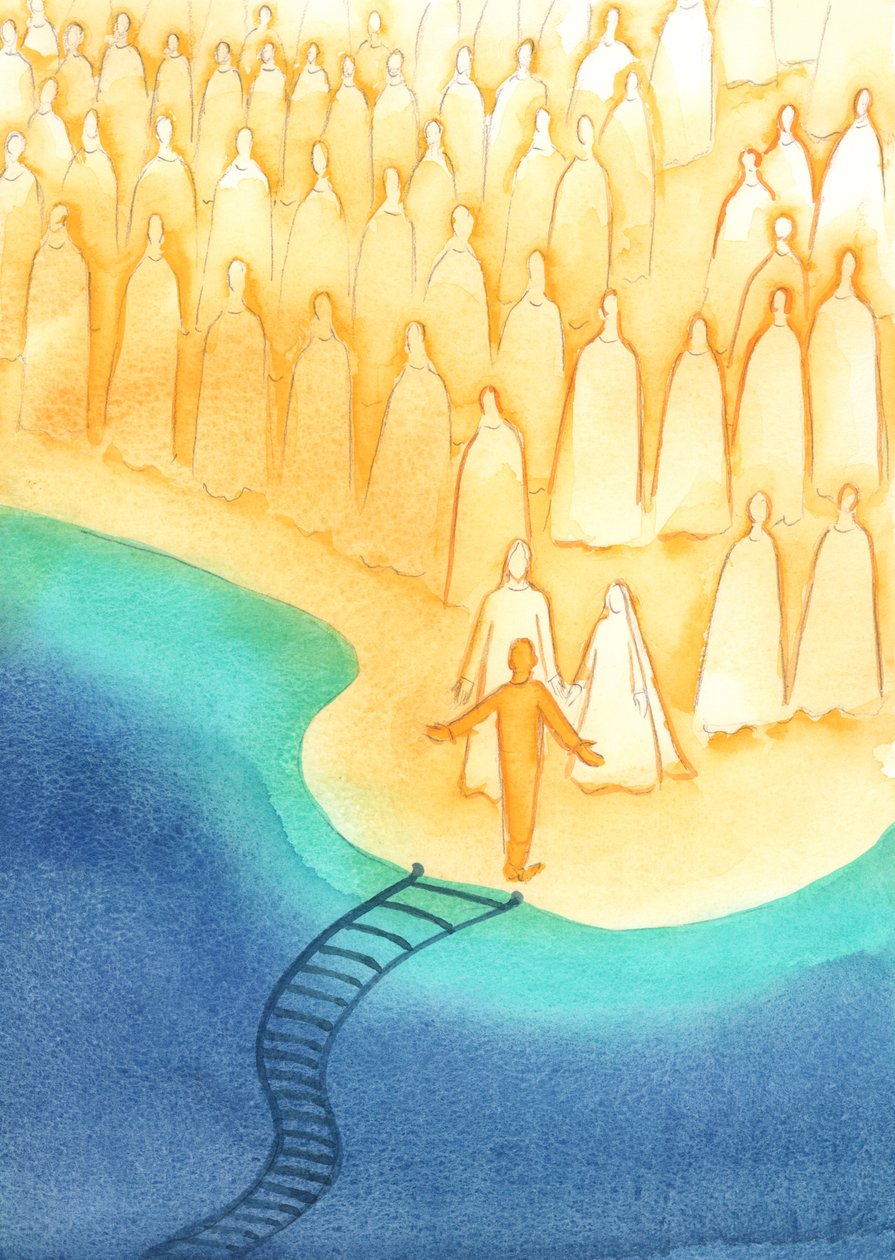 Når en trofast sjæl kommer ind i Himlen, bliver hun glad ved at møde ikke kun Kristus og hans Moder Maria, men også de særlige hellige, hvis eksempel har hjulpet hende., 2004 (w/c på papir) af Elizabeth Wang