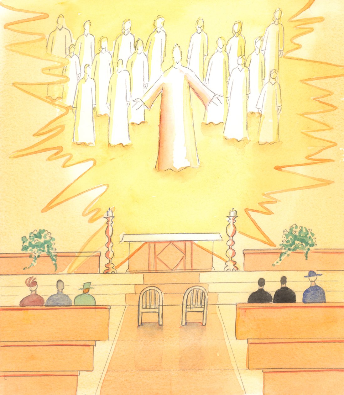 Når en mand og en kvinde skal afgive deres ægteskabsløfter i en katolsk kirke, er Kristus der med alle sine helgener for at bevidne ægteskabet, som er kirkens sakramente, 2005 (akvarel på papir). af Elizabeth Wang