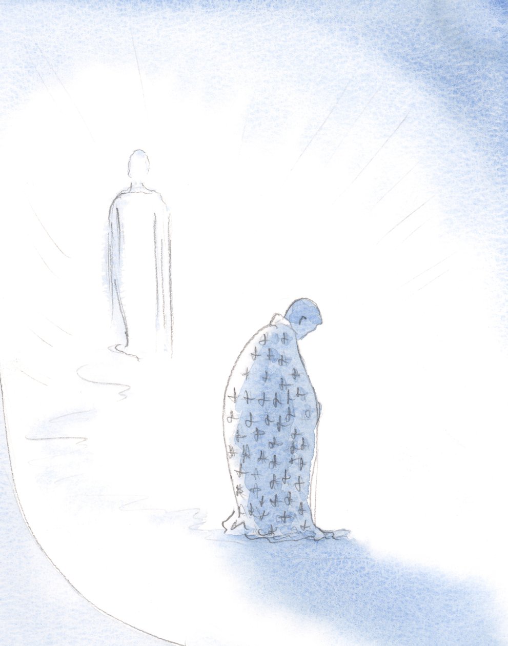 Når en sjæl opgiver sine personlige ambitioner for Kristi kærlighed, giver Kristus den den kappe, den vil bære, når den går mod Faderen., 2001 (w/c på papir) af Elizabeth Wang