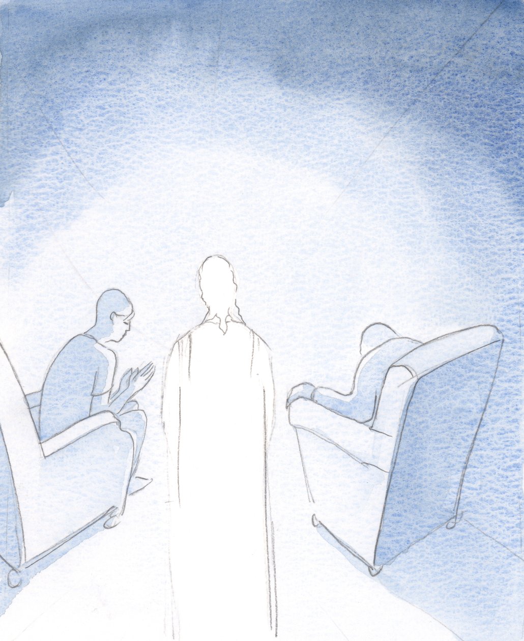 Når to eller tre er samlet for at bede i Jesu navn, er han der imellem dem, 2000 (w/c på papir) af Elizabeth Wang