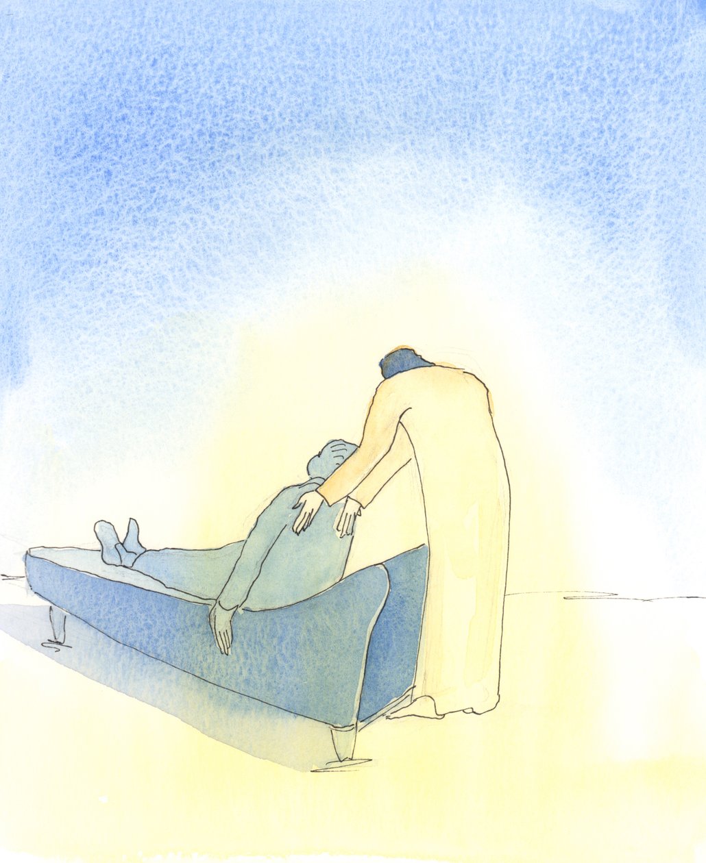 Når vi er syge, og Kristus kommer til os i den hellige nadver, er det, som om han insisterer på at hjælpe os med at lægge os på en sofa, 2003 (w/c på papir) af Elizabeth Wang