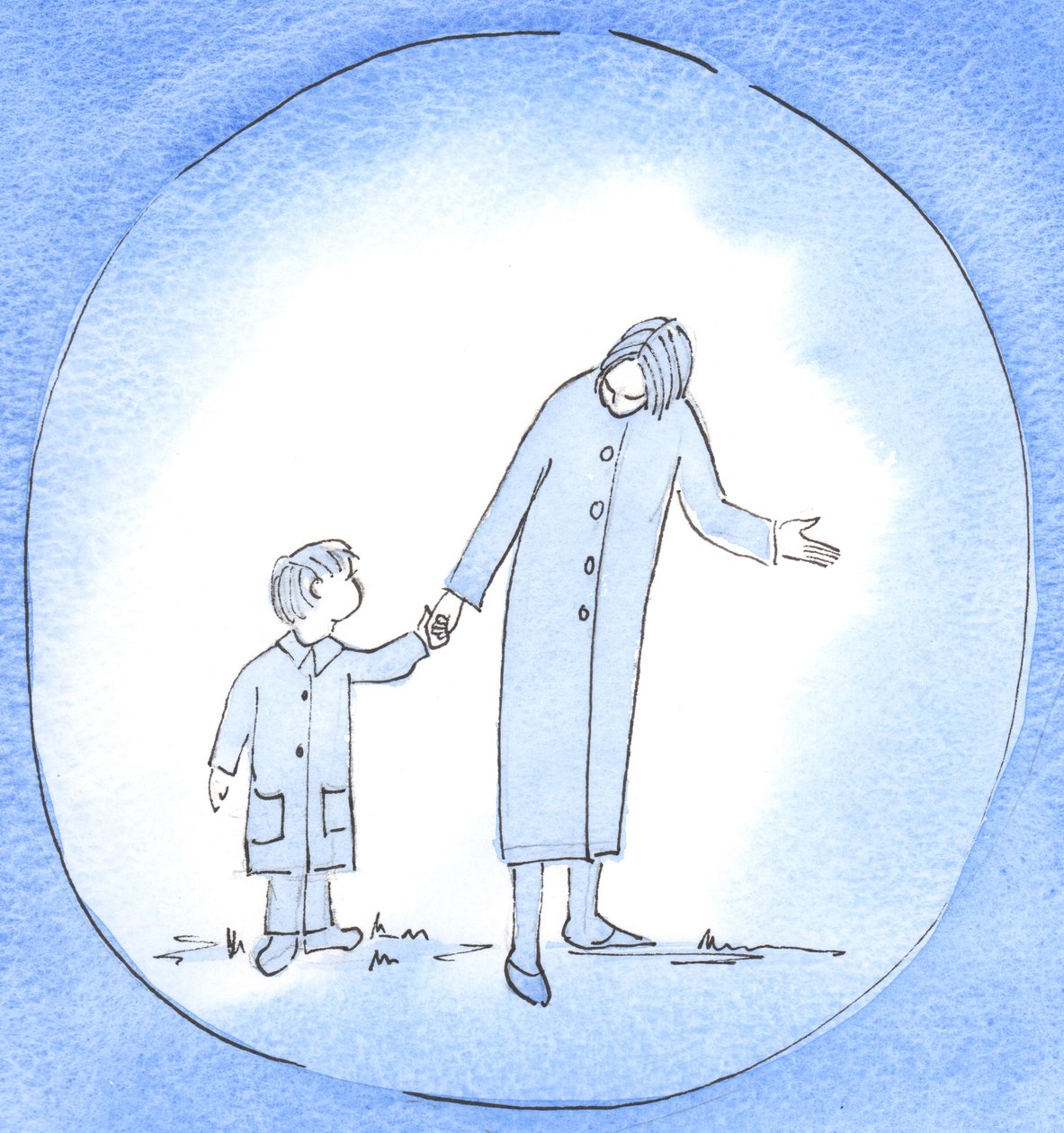 Når vi vejleder og hjælper nogen i nød, kan vi være som en mor, der leder, instruerer og opmuntrer et lille barn, 2003 (w/c på papir) af Elizabeth Wang