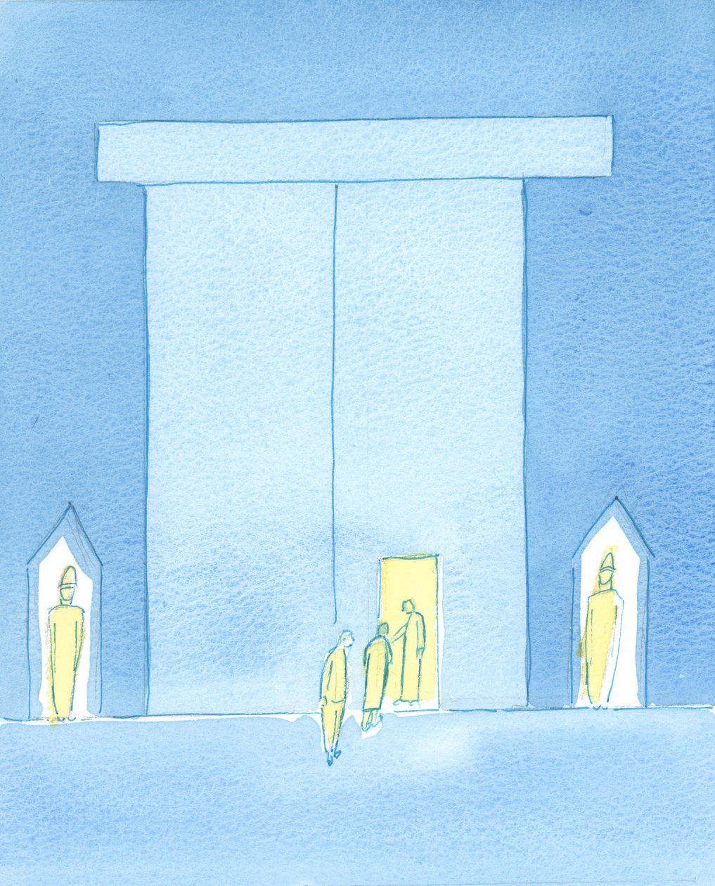 Når vi beder, nærmer vi os vor himmelske konges palads, 2003 (w/c på papir) af Elizabeth Wang