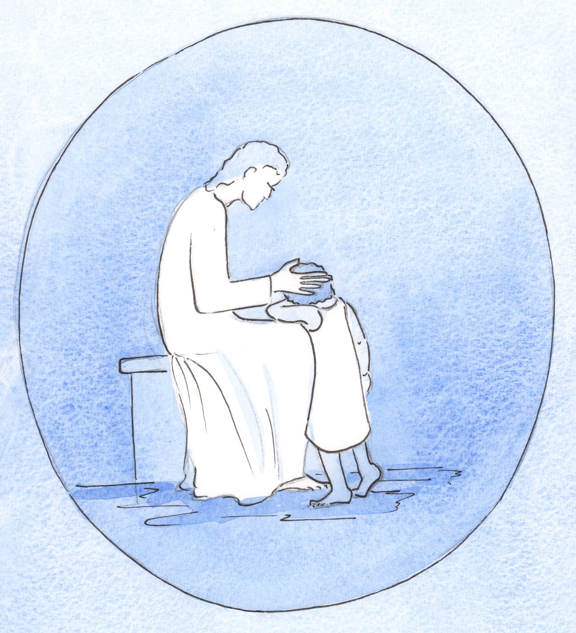Når vi omvender os fra vores synder, ser Jesus Kristus på os med ømhed, ligesom når en mor omfavner sit barn, 2001 (w/c på papir) af Elizabeth Wang