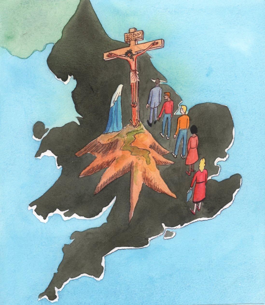 Hver gang der fejres messe i vores land, er det som om Golgata dukker op i hjertet af England, 2002 (w/c på papir) af Elizabeth Wang