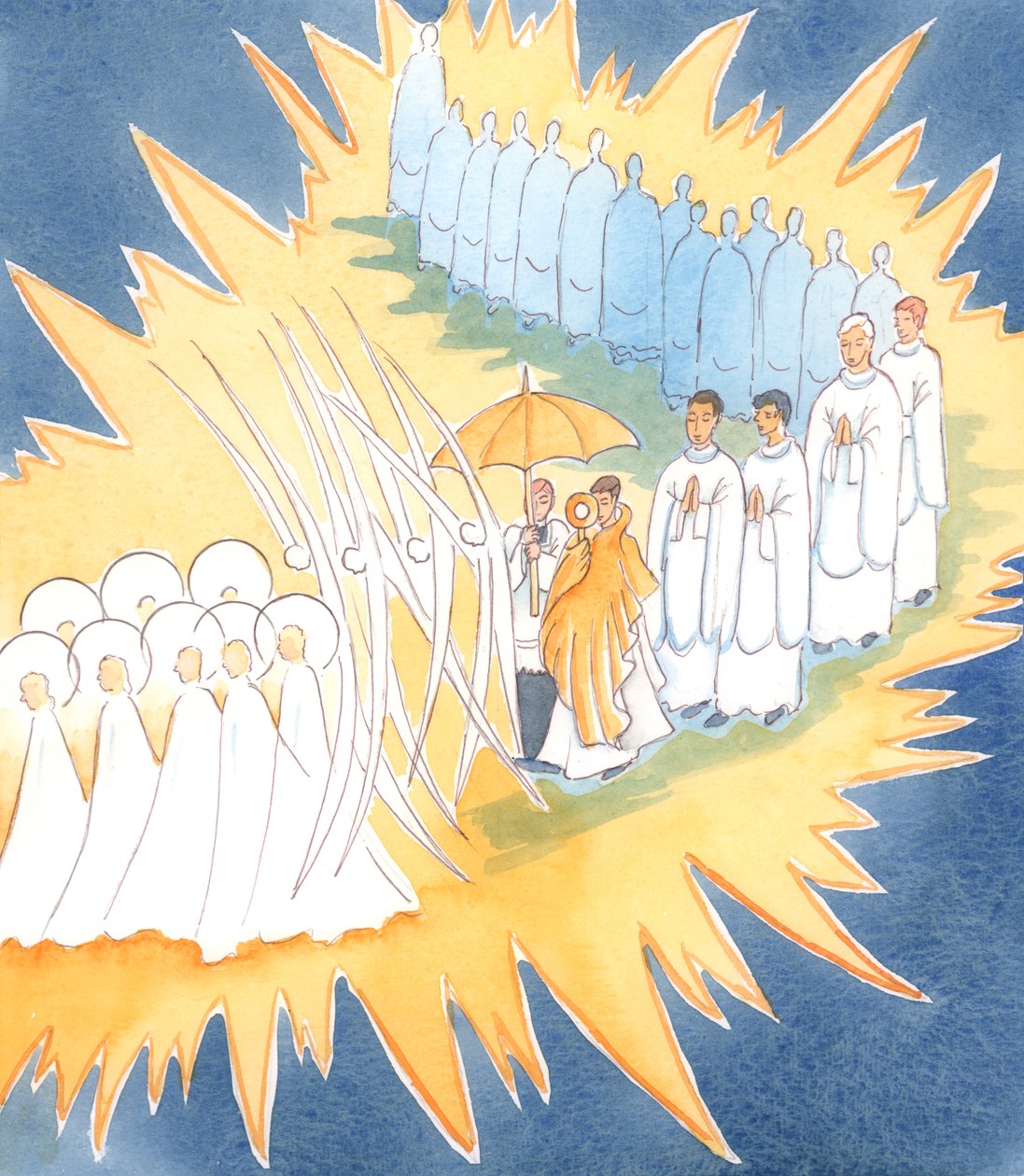 Hver gang vi ærer Jesu nærvær i det hellige sakramente, slutter englene og de hellige sig til os i vores tilbedelse, 2004 (w/c på papir) af Elizabeth Wang
