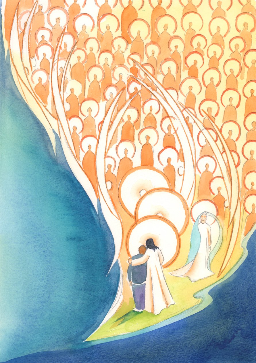 Hver gang vi beder i Jesu navn, selv i mørke eller ensomhed, deler vi livet for hele himlens selskab, 2004 (w/c på papir) af Elizabeth Wang