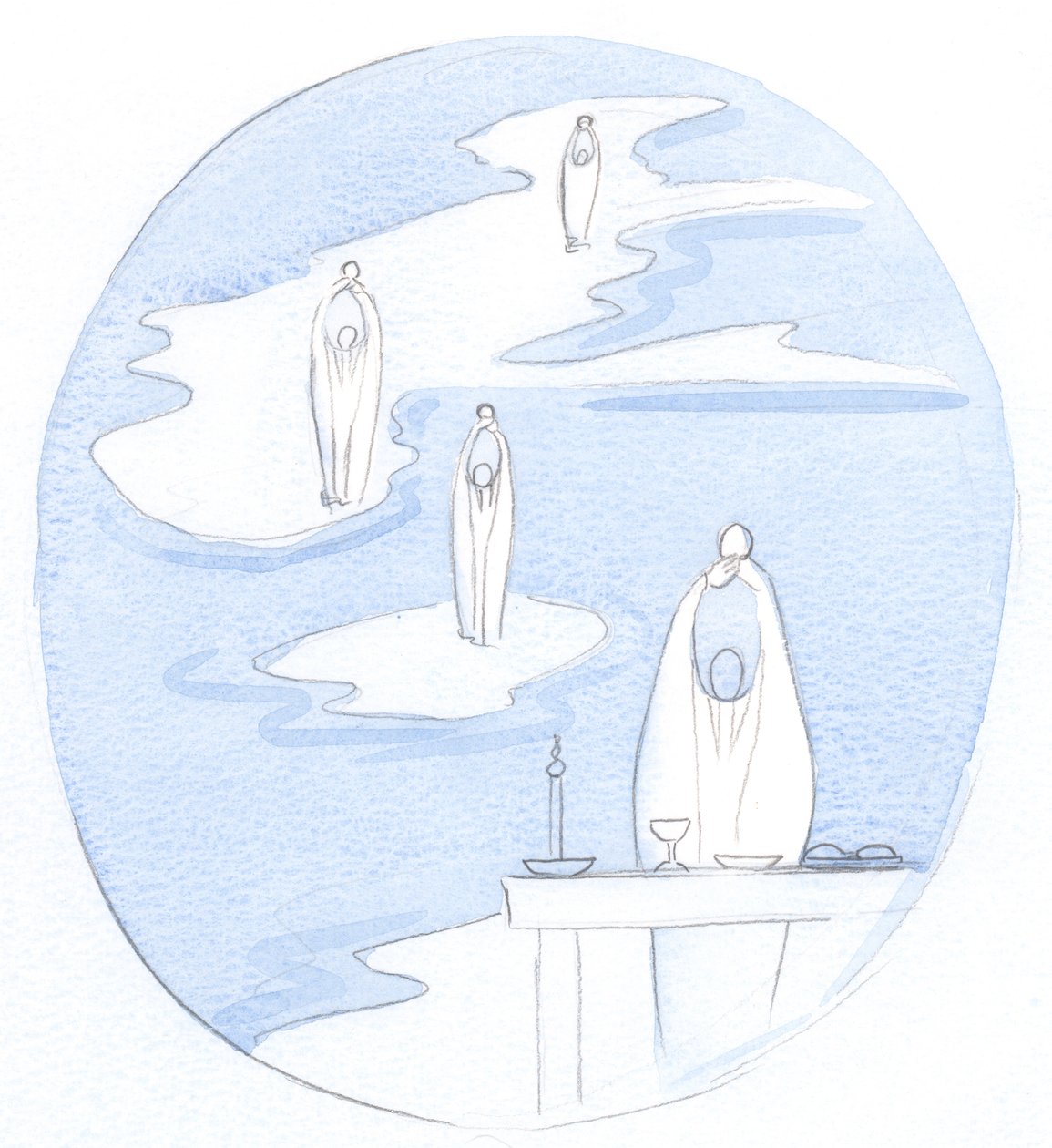 Overalt hvor en katolsk præst ofrer messens hellige offer, er der Jesus Kristus, tilstede med sit folk, 2000 (w/c på papir) af Elizabeth Wang