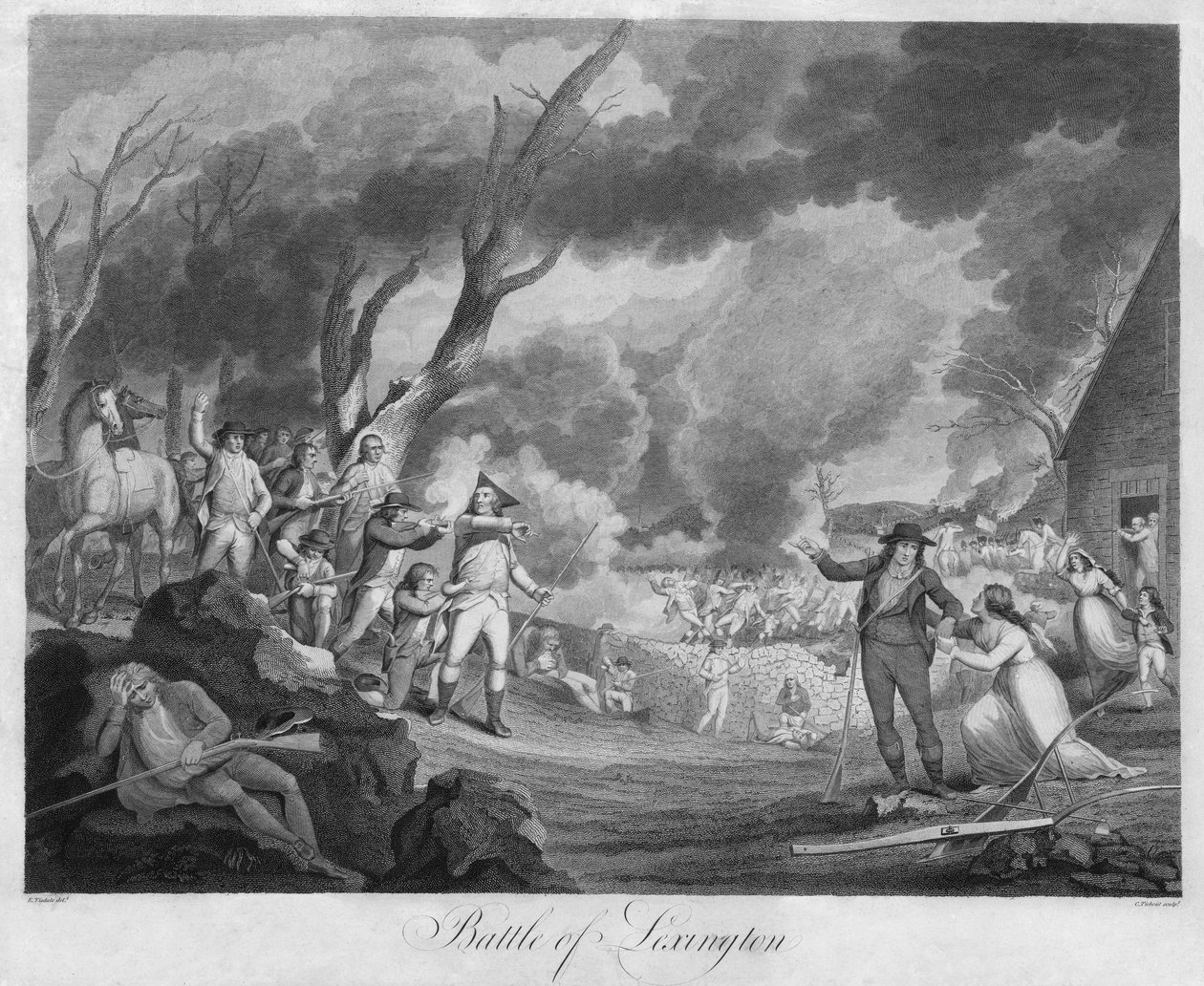 Slaget ved Lexington, graveret af Cornelius Tiebout (1768-1835) (gravering) af Elkanah (after) Tisdale