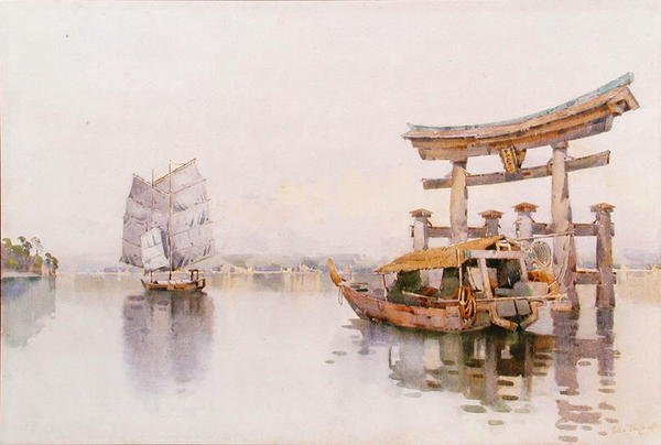 Torii-porten ved indgangen til Itsukushima-helligdommen, Miyajima, Japan (akvarel på papir) af Ella Du Cane