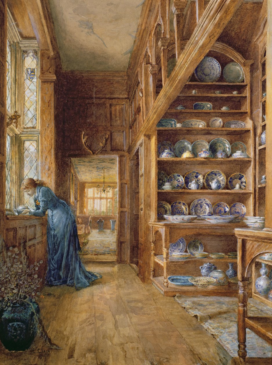 Interiør i et panelhus med en samling af Imari og blåt og hvidt porcelæn af Ellen Clacy